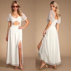 LULUS Magical Love White Swiss Dot Puff Sleeve Cutout Maxi Dress